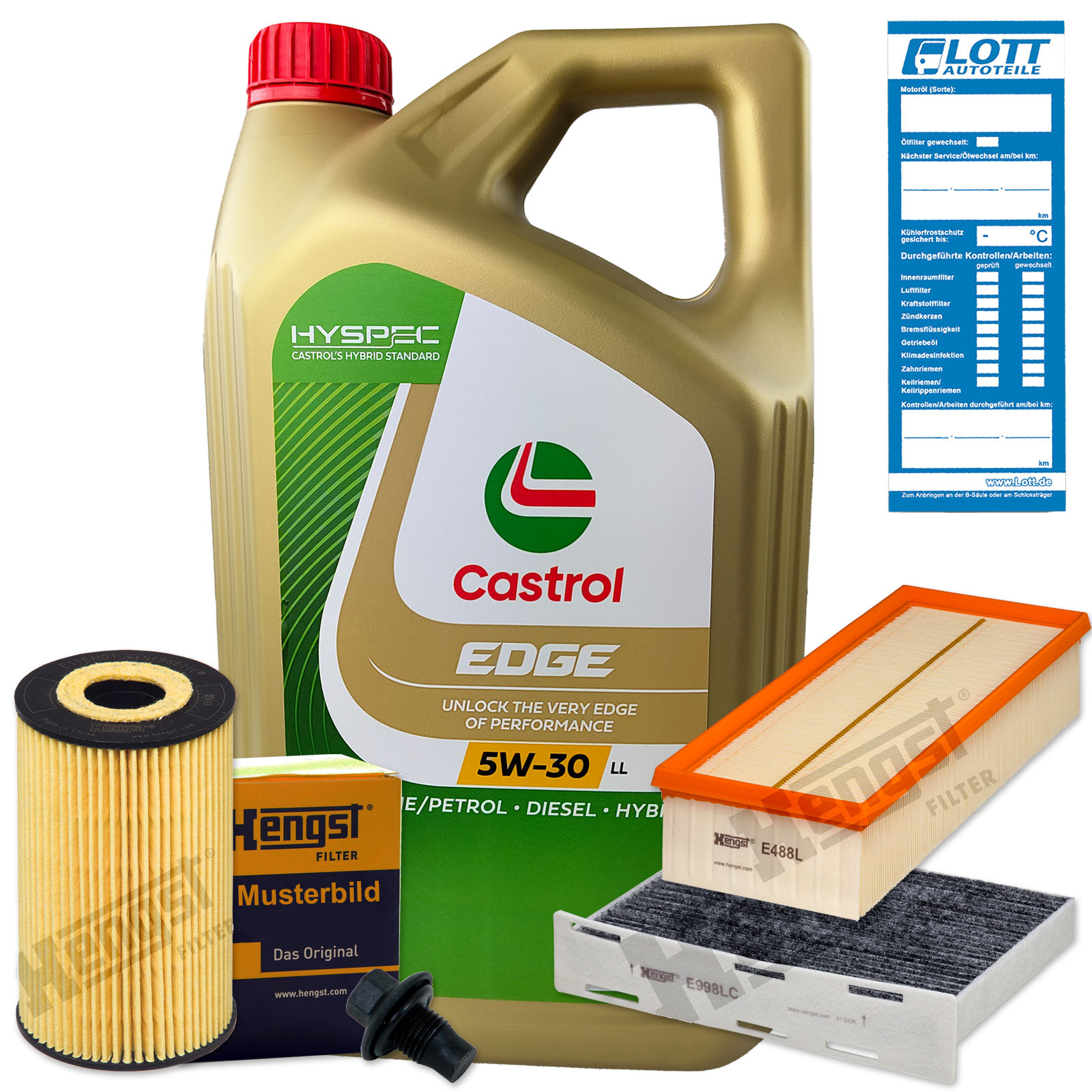 Castrol Motoröl + Ölfilter + Luftfilter + Innenraumfilter + Ablassschraube