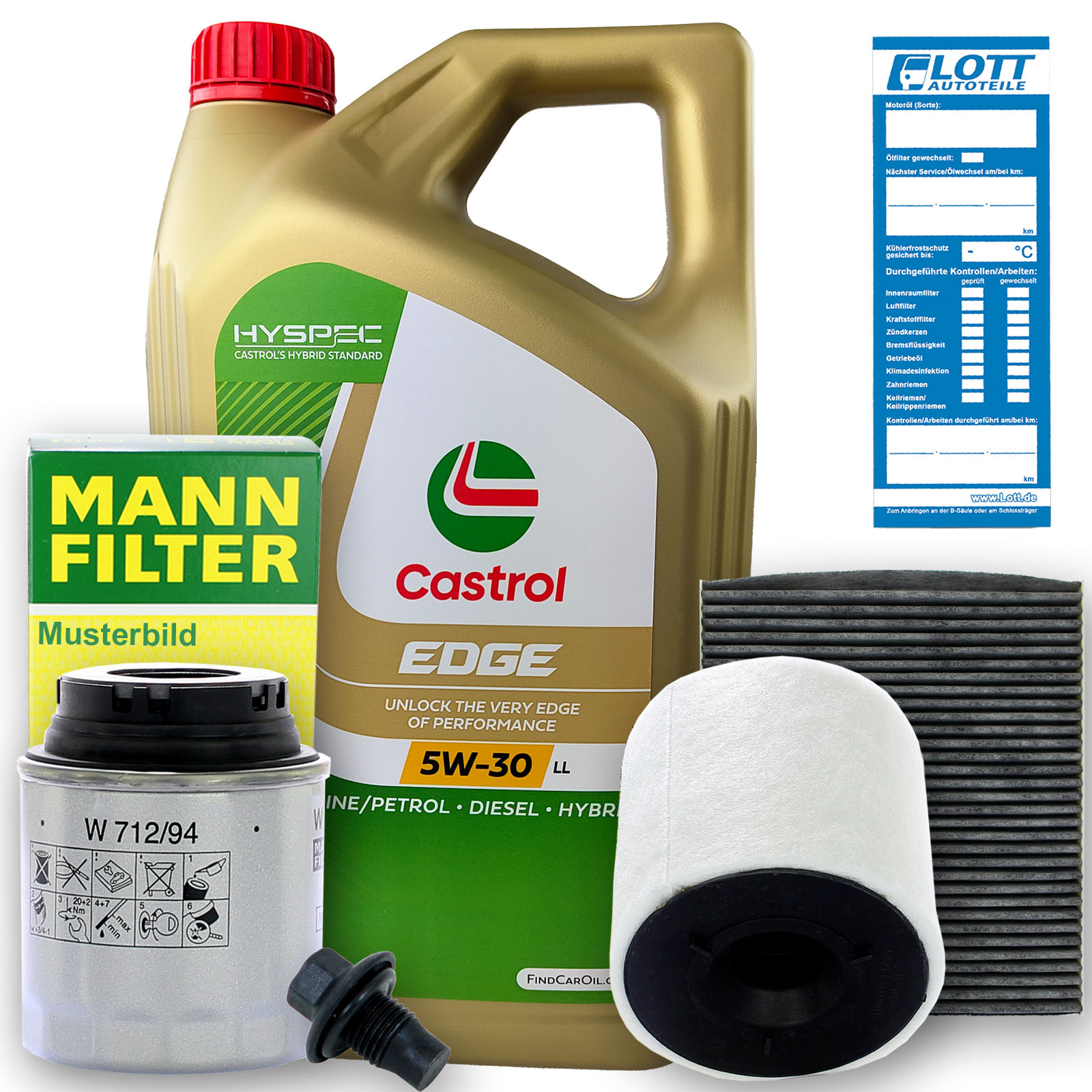 Castrol Motoröl + Ölfilter + Luftfilter + Innenraumfilter + Ablassschraube