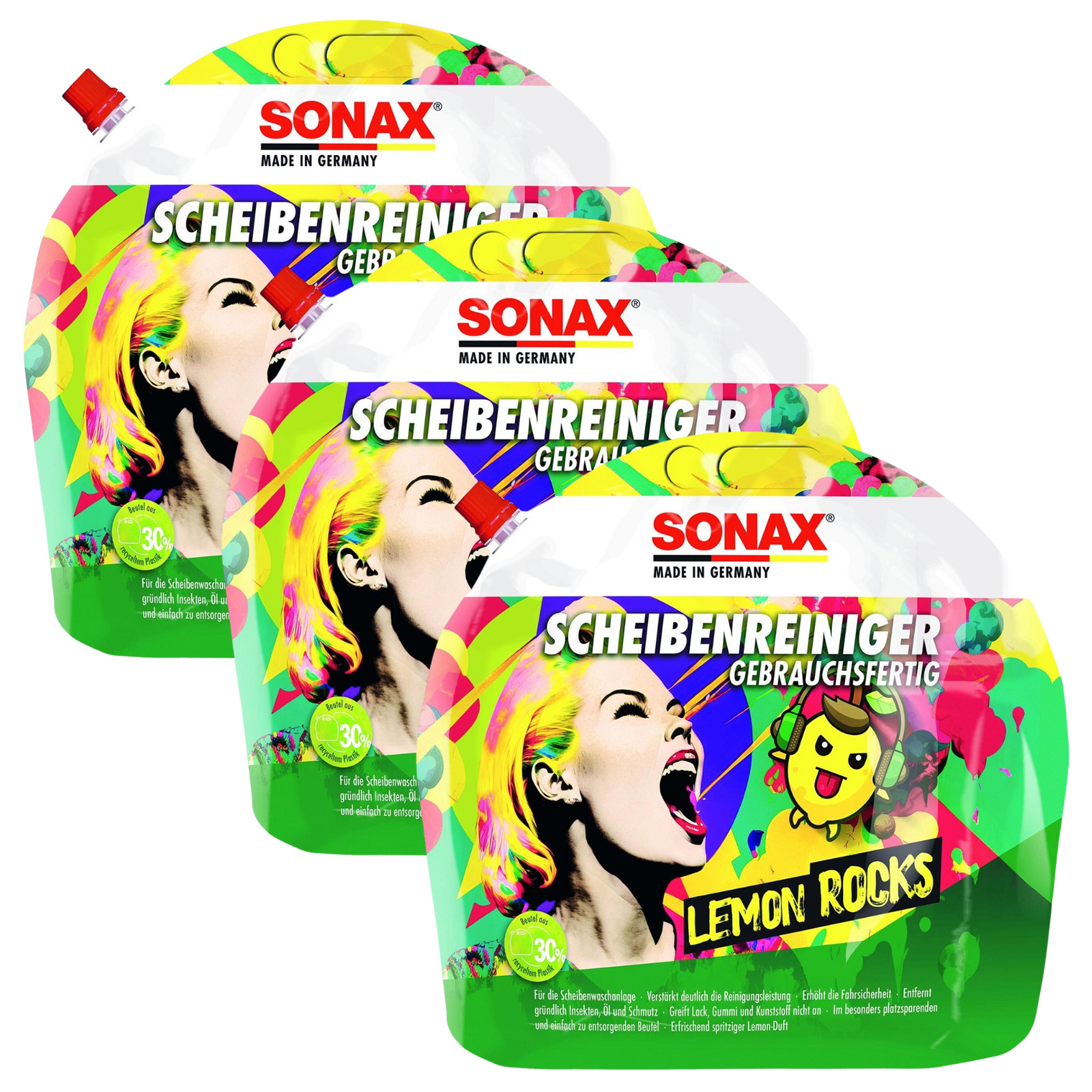 3x 3L SONAX Scheibenreiniger Lemon Rocks gebrauchsfertig Wischwasser 01605000