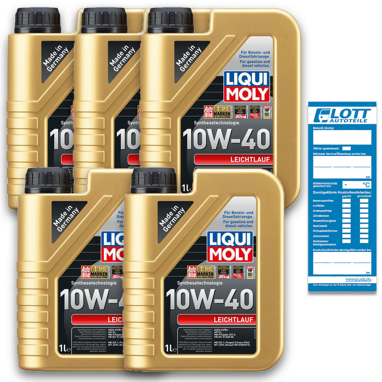 5x 1 Liter Liqui Moly Leichtlauf Motorenöl Motoröl 10W-40 5 Liter Oil Ö 1317