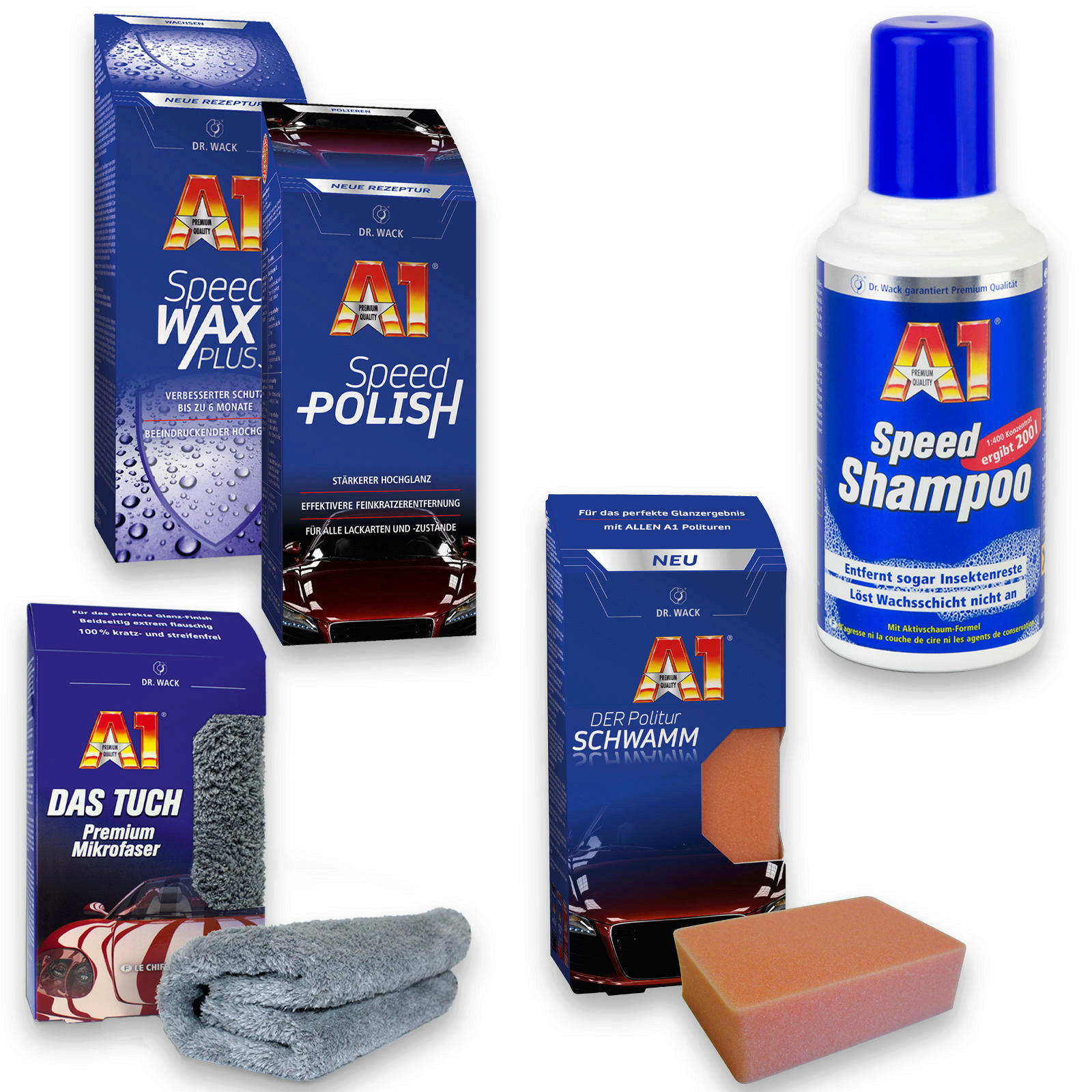 Dr. Wack Lack Pflege Set A1 Lackpolitur + A1 Shampoo + A1 Wachs + Tuch + Schwamm