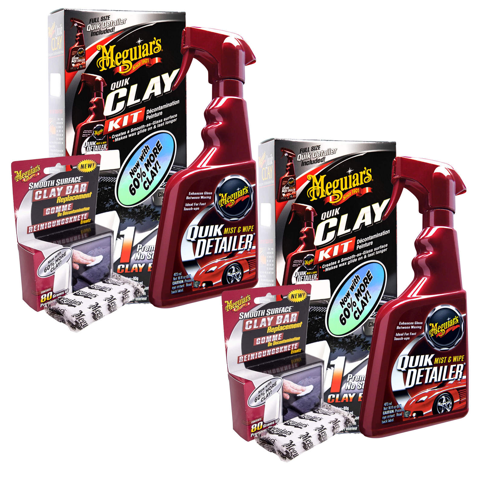 2x Meguiars Quik Clay Starter Kit 473ml Quick Detailer & 80g Clay Bar Reiniger