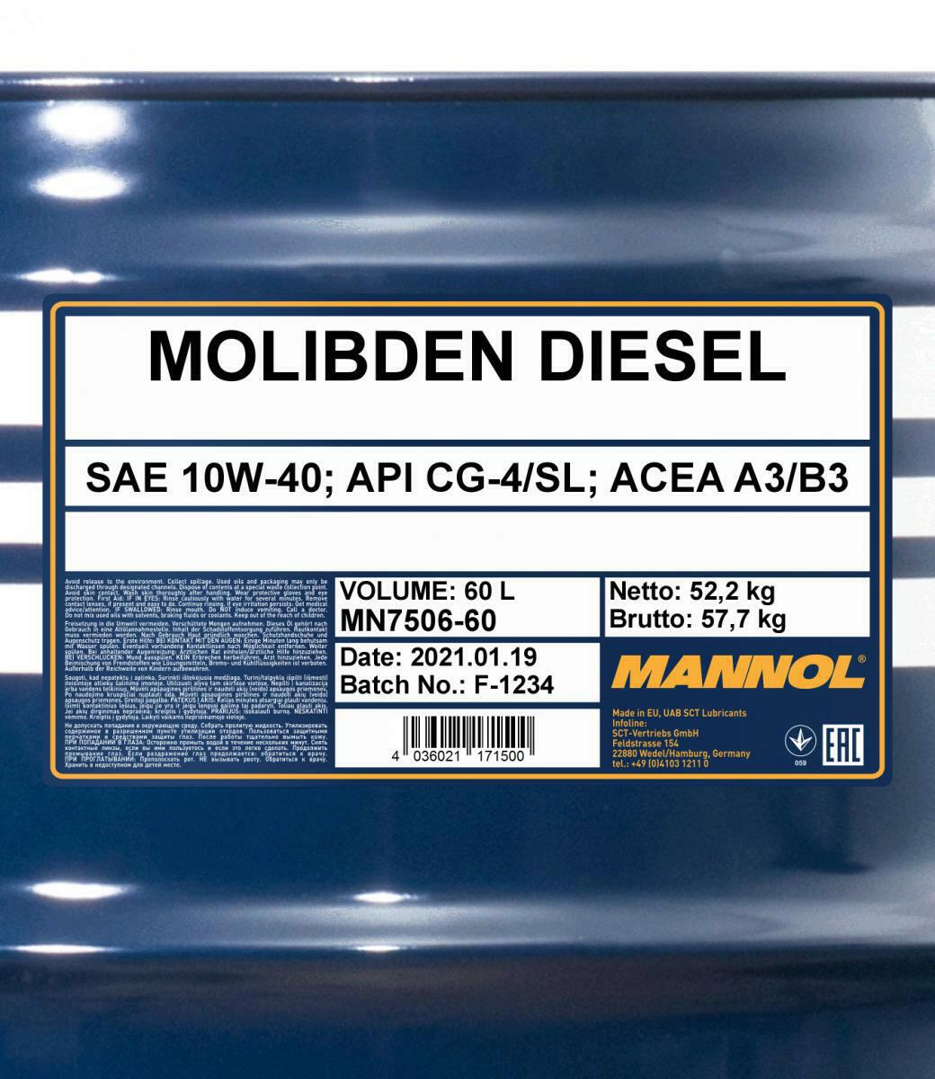 60L MANNOL Molibden 10W-40 Diesel Motoröl