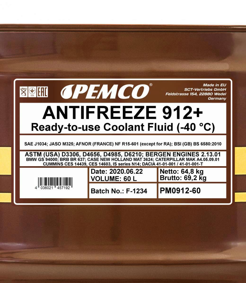 60L Pemco Antifreeze 912+ Kühlerfrostschutz Rot G12+