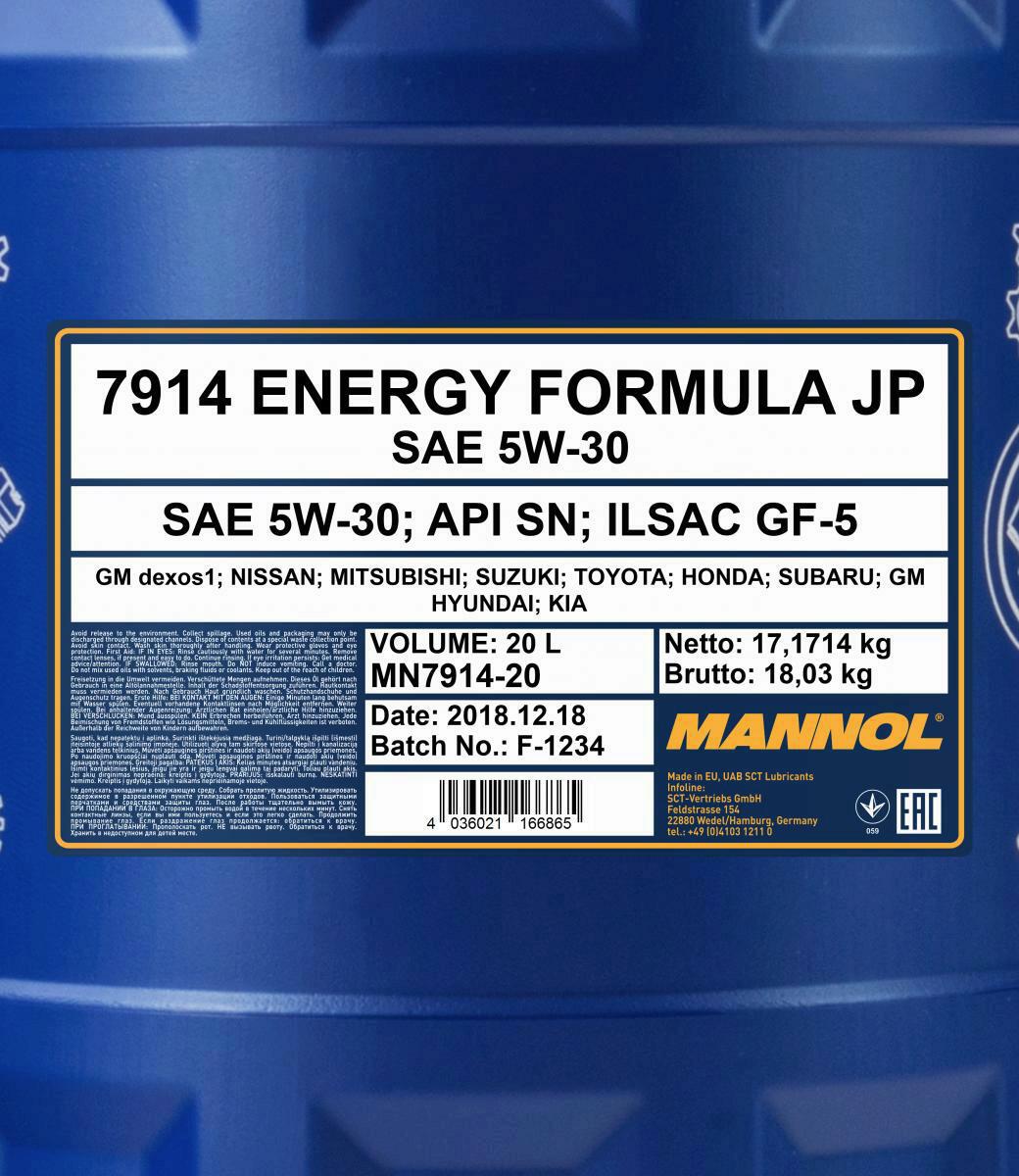 20L Mannol Motoröl Energy Formula JP MN7914-20 5W-30 Öl + Auslaufhahn