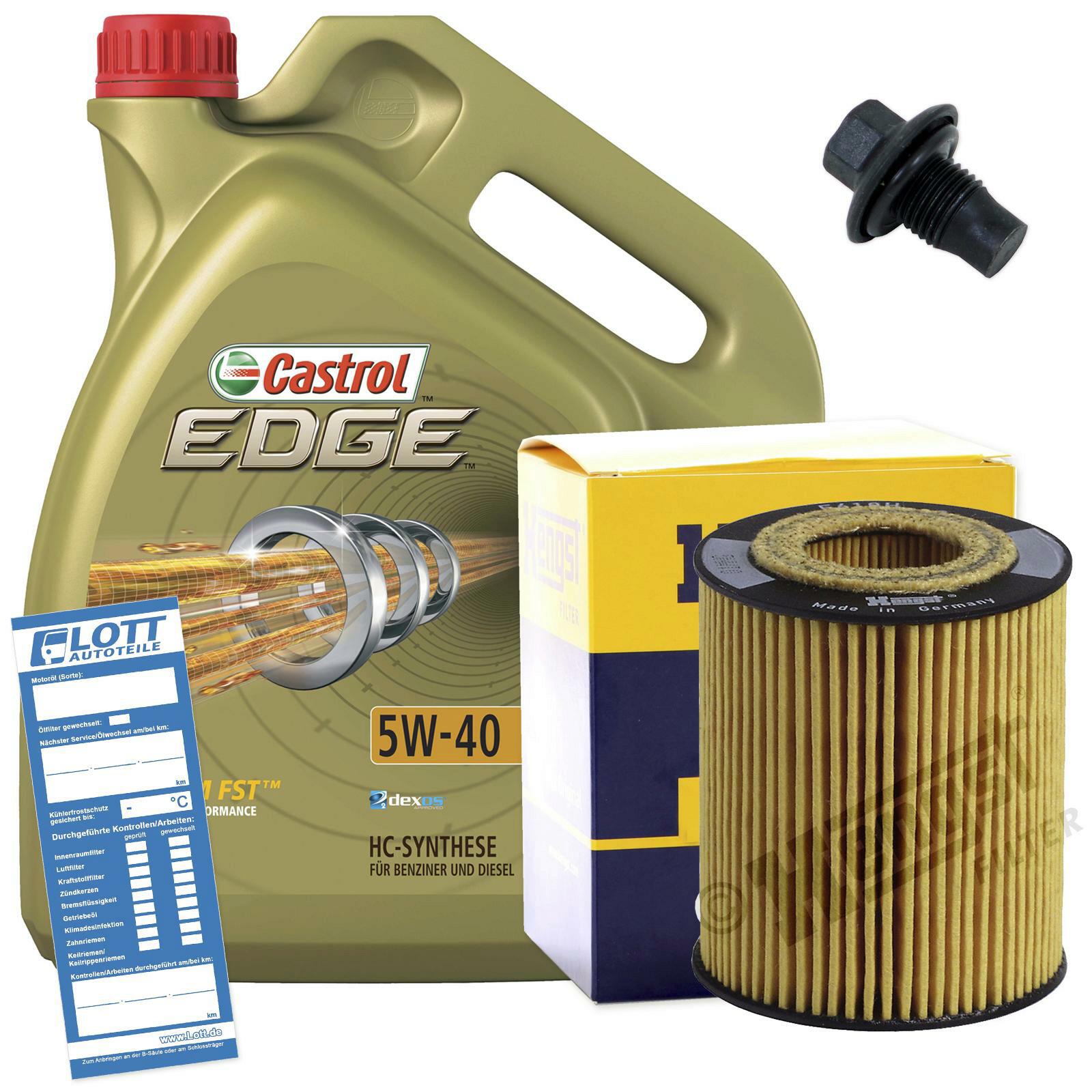 Ölwechsel Set 5L 5W40 Öl Motoröl CASTROL + HENGST Ölfilter + Ablassschraube