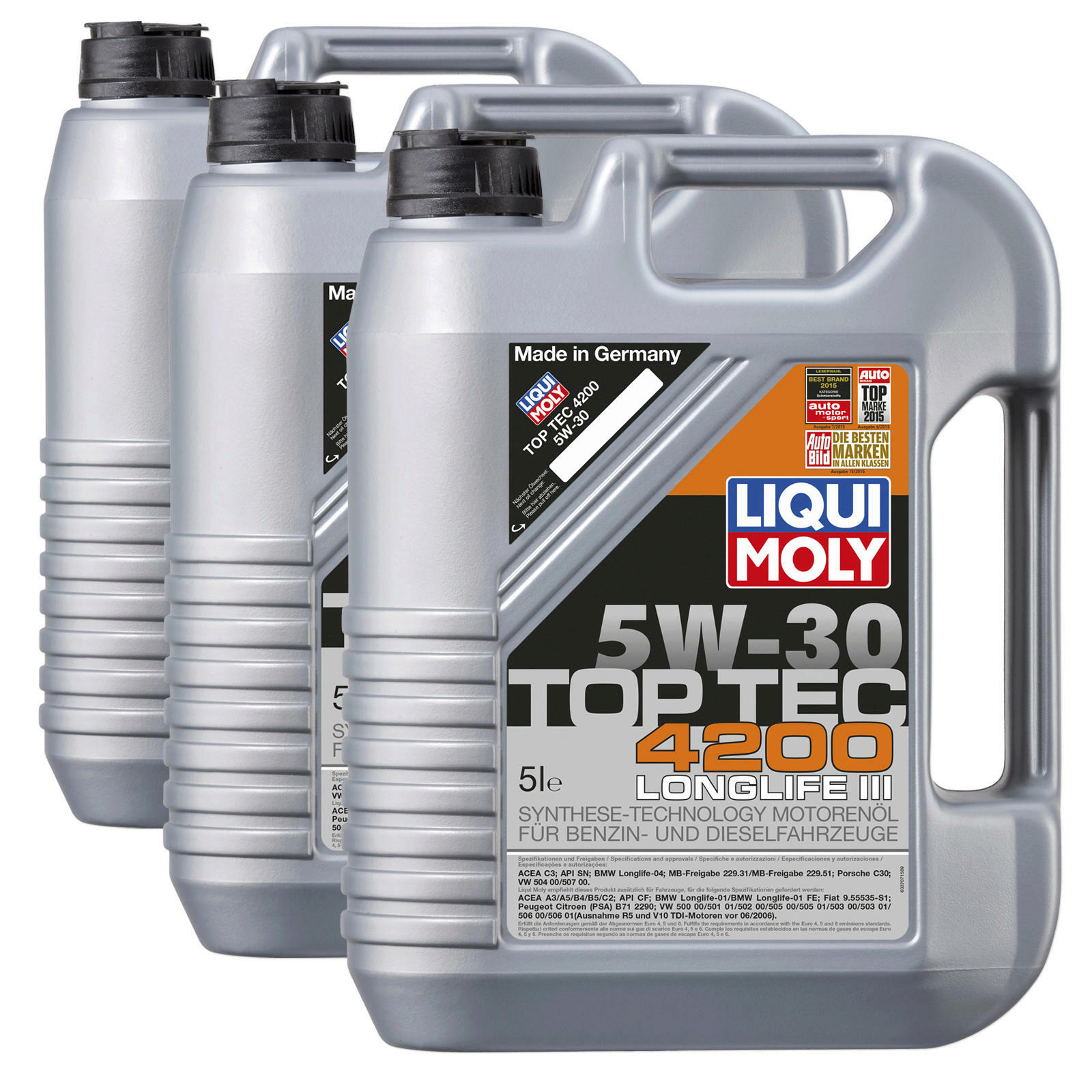 3x 5L LIQUI MOLY Top Tec 4200 LL 3 5W30 Motoröl VW 504.00 507.00 + Trichter