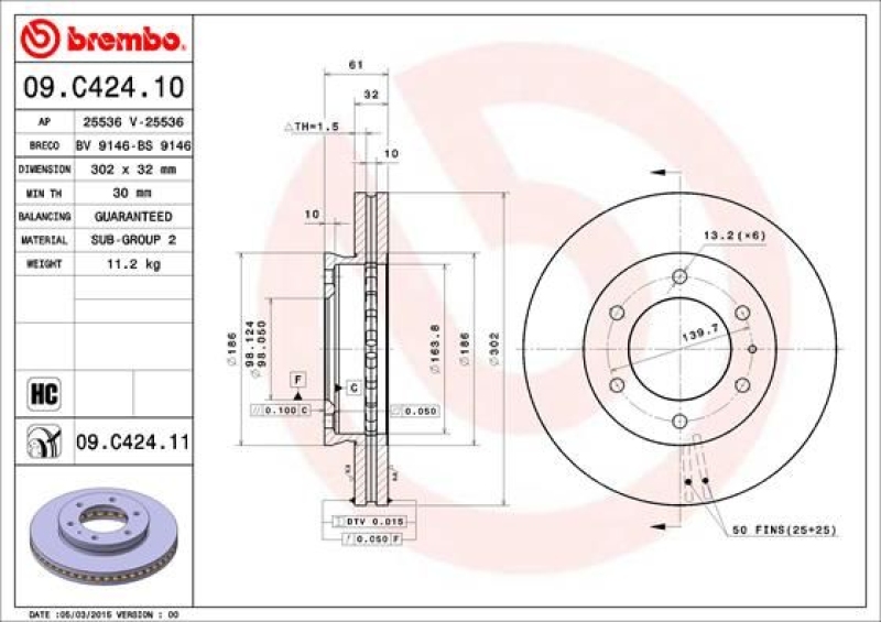 2x Brembo Bremscheibe Ø302mm + Beläge vorne passend für FORD RANGER 3.2 TDCi 4x4