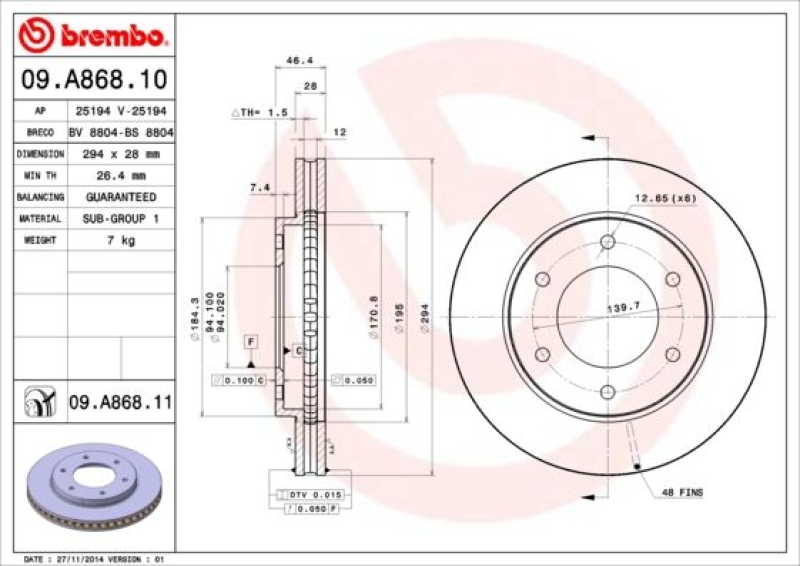 2x Brembo Bremscheibe Ø294mm + Beläge vorne passend für MITSUBISHI L200, TRITON