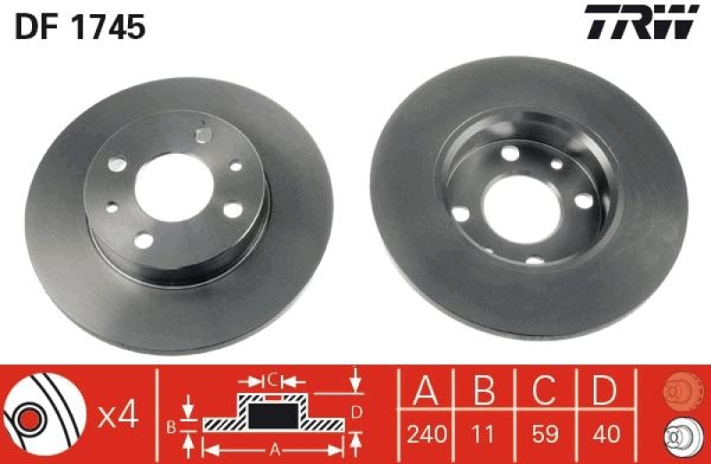 2 TRW Bremsscheiben 240,5mm+Beläge hinten passend für Fiat Barchetta Coupe Marea