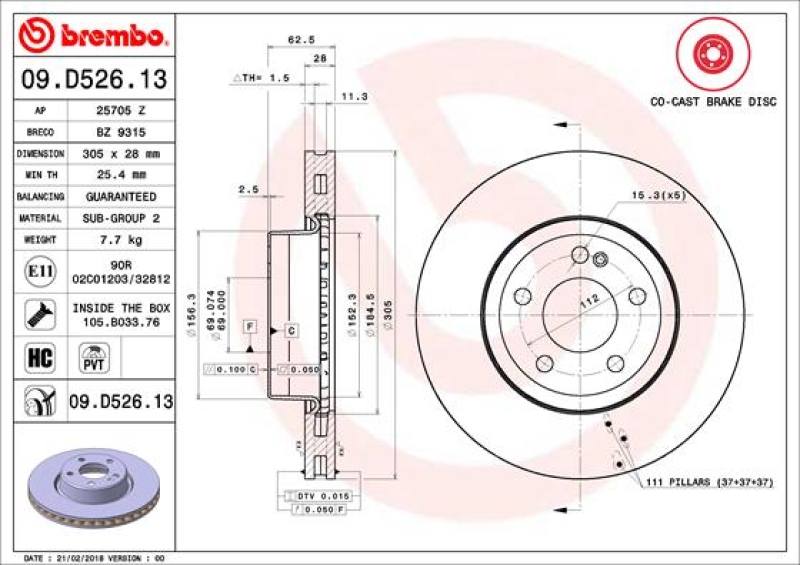 2x Brembo Bremscheibe Ø305mm + Beläge vorne passend für MERCEDES-BENZ C-KLASSE