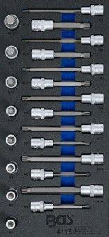 Werkstattwageneinlage 1/3: Bit-Einsatz-Satz | Antrieb Innenvierkant 12,5 mm (1/2") | Innenvielzahn (für XZN) | 22-tlg.