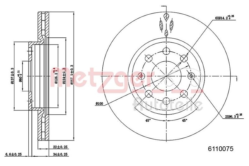 METZGER Bremsscheiben Ø257 + Beläge vorne passend für u.a. FIAT GRANDE PUNTO