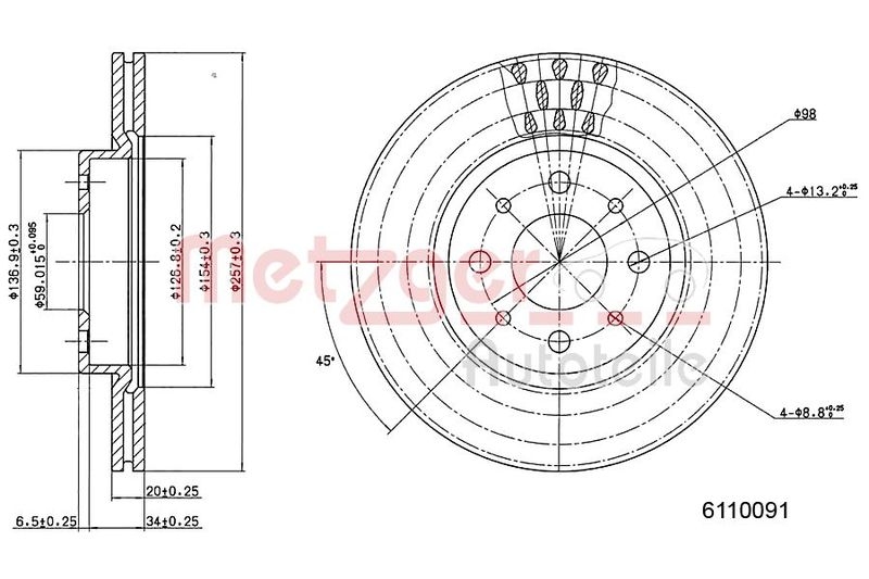 2 METZGER Bremsscheiben 257mm + Bremsbeläge Set vorne passend für Alfa Romeo 145