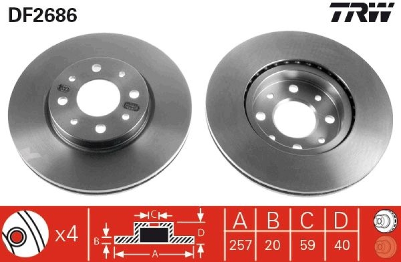 2 TRW Bremsscheiben 257mm + Beläge vorne passend für Fiat Bravo 1 Brava Alfa