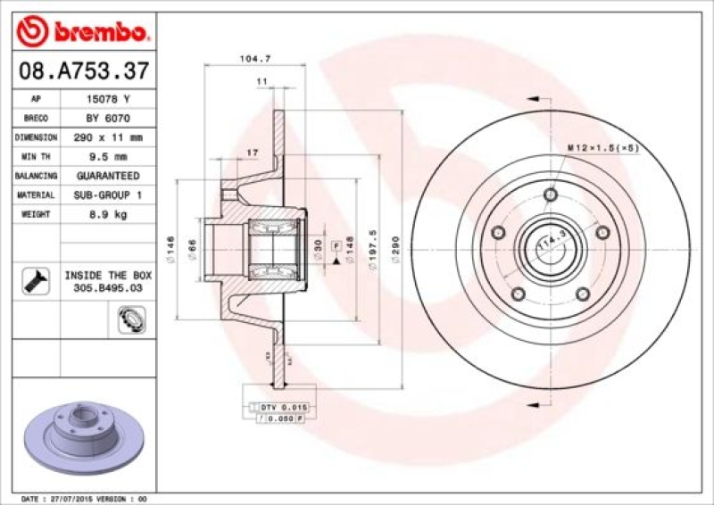 2x BREMBO Brake Disc PRIME LINE - With Bearing Kit