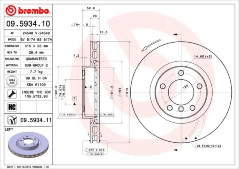 1x Brembo Bremsscheibe Vorne links Ø315mm passend für BMW 3er E36 M3 3.0