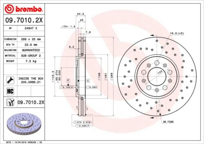 2x Brembo Sport Bremsscheiben Ø288mm + Beläge vorne passend für VW Polo 5 6R1