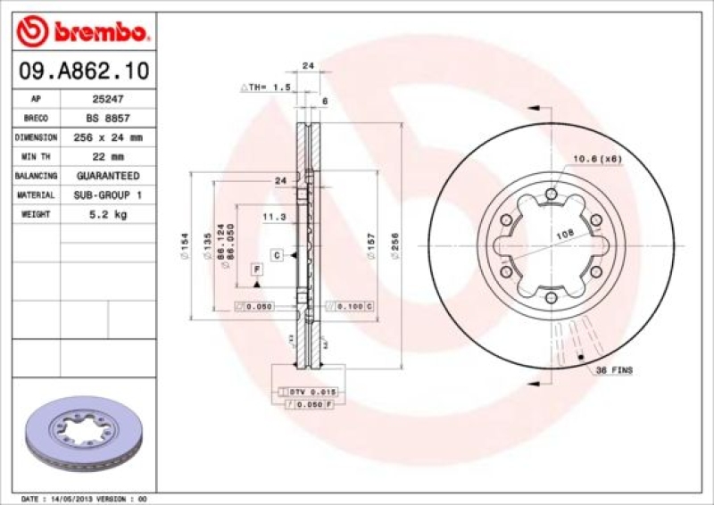 2x Brembo Bremscheibe Ø256mm + Beläge vorne passend für FORD RANGER 2.5 D