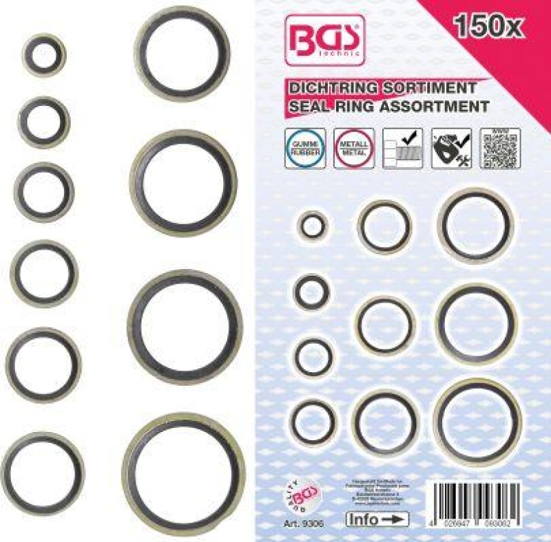 Dichtring-Sortiment | Metall | mit Gummi-Dichtwulst | 150-tlg.