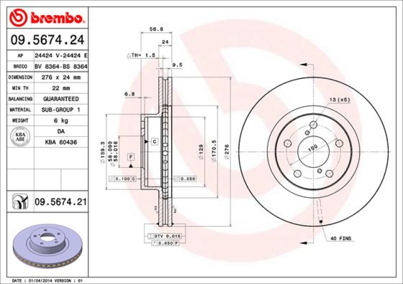 2x Brembo Bremscheibe Ø276mm + Beläge vorne passend für SUBARU FORESTER 2.0 AWD