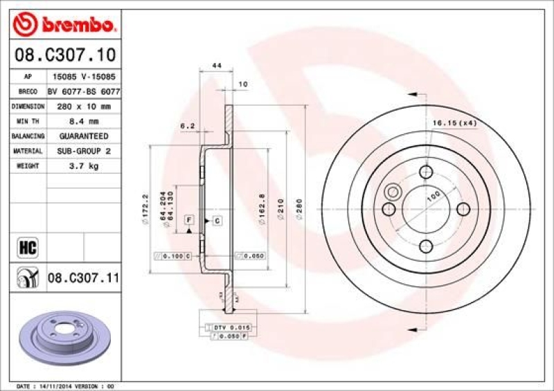 2x Brembo Bremscheibe Ø280mm + Beläge hinten passend für MINI Cooper Roadster