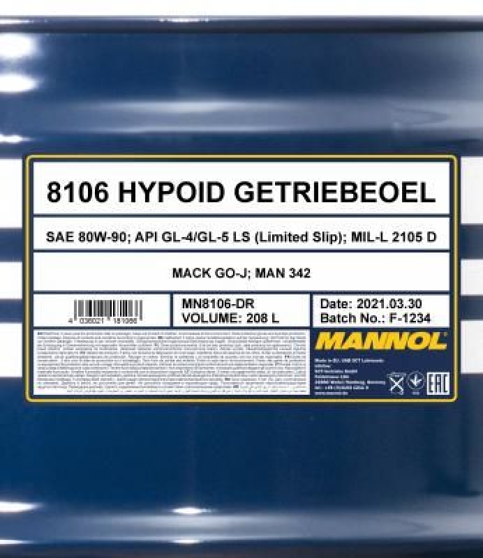 208L Mannol MN8106-10 Hypoid Getriebeöl 80W-90