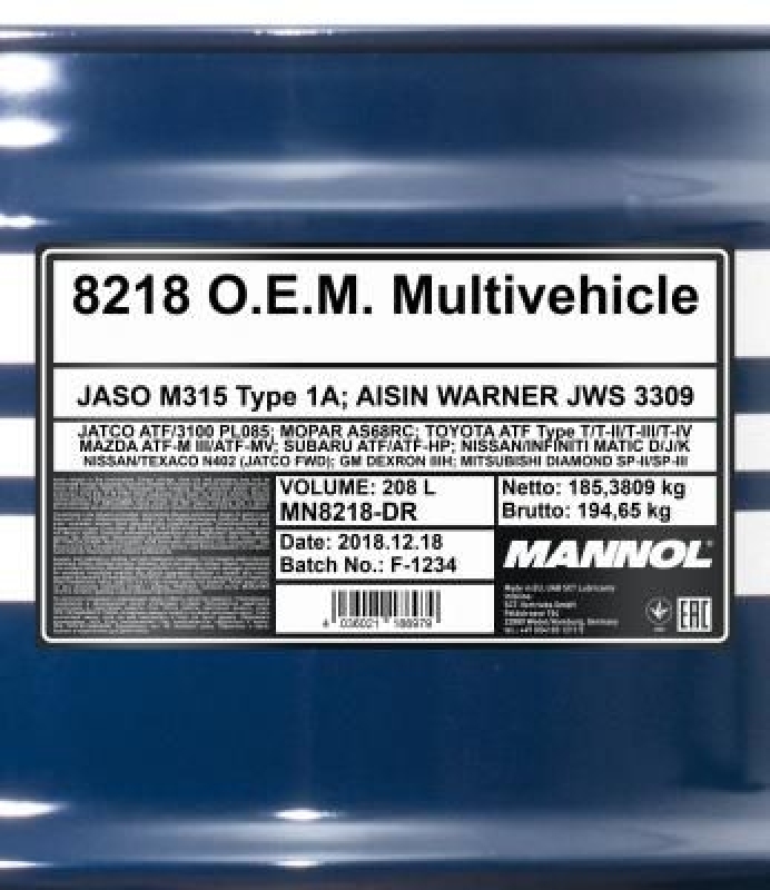 208L Mannol Automatikgetriebe Öl ATF Multivehicle Getriebeöl