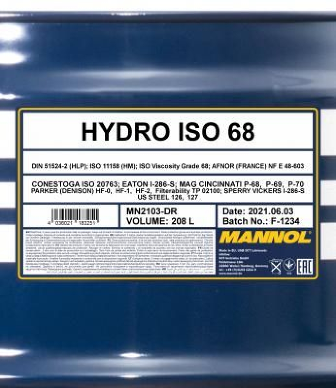 208L Mannol ÖL Hydro ISO 68 HLP 68 Schmierstoff Hydrauliköl