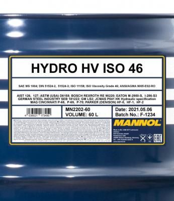 60L Mannol Hydro HV ISO 46 HVLP 46 Hydrauliköl