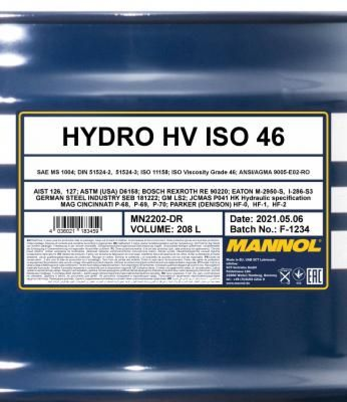 208L Mannol Hydro HV ISO 46 HVLP 46 Hydrauliköl