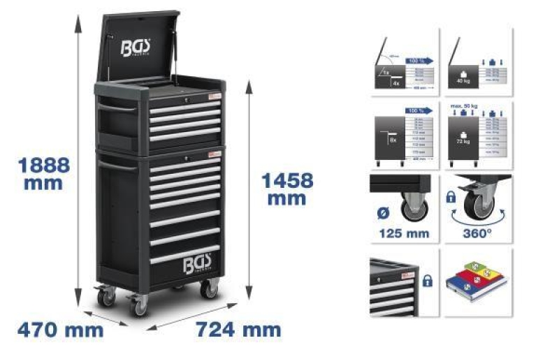 Werkstattwagen Profi Standard Maxi | 12 Schubladen | mit 263 Werkzeugen